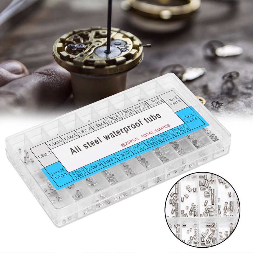 Set of 500 waterproof watch case tubes in 20 sizes, ideal for watch repair and replacement.