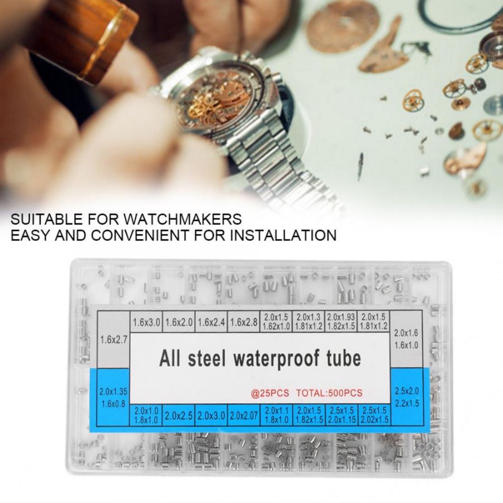 Set of 500 waterproof watch case tubes in 20 sizes for repair and replacement.