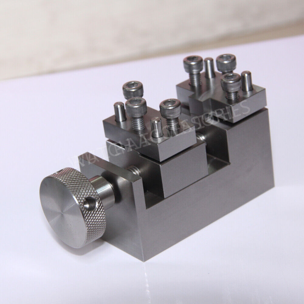 Oyster style stainless steel link remover tool for accurate watch band resizing.