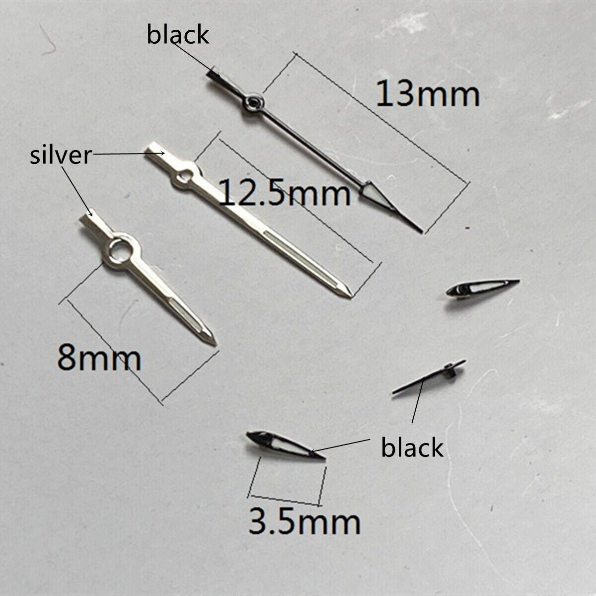 Silver and black 13mm luminous watch hands for Miyota OS10 OS20 OS22 OS60 OS80 OS11 movements.