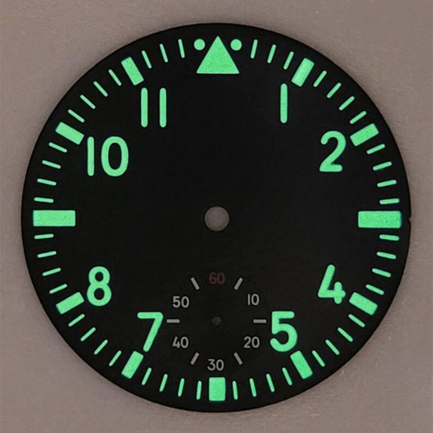 Pilot 38.9mm vintage green lume watch dial for ETA 6498/ST3621 movement, classic design.