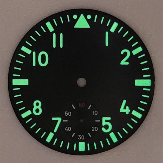 Pilot 38.9mm vintage green lume watch dial for ETA 6498/ST3621 movement, classic design.