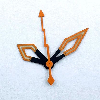 Butterfly watch hands with black and orange trim, C3 green lume, for NH35/36/4R movements.