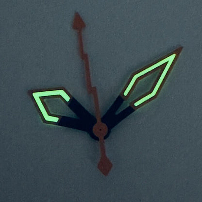 Butterfly style watch hands with black and orange trim, C3 green lume, fits NH35/36/4R movements.