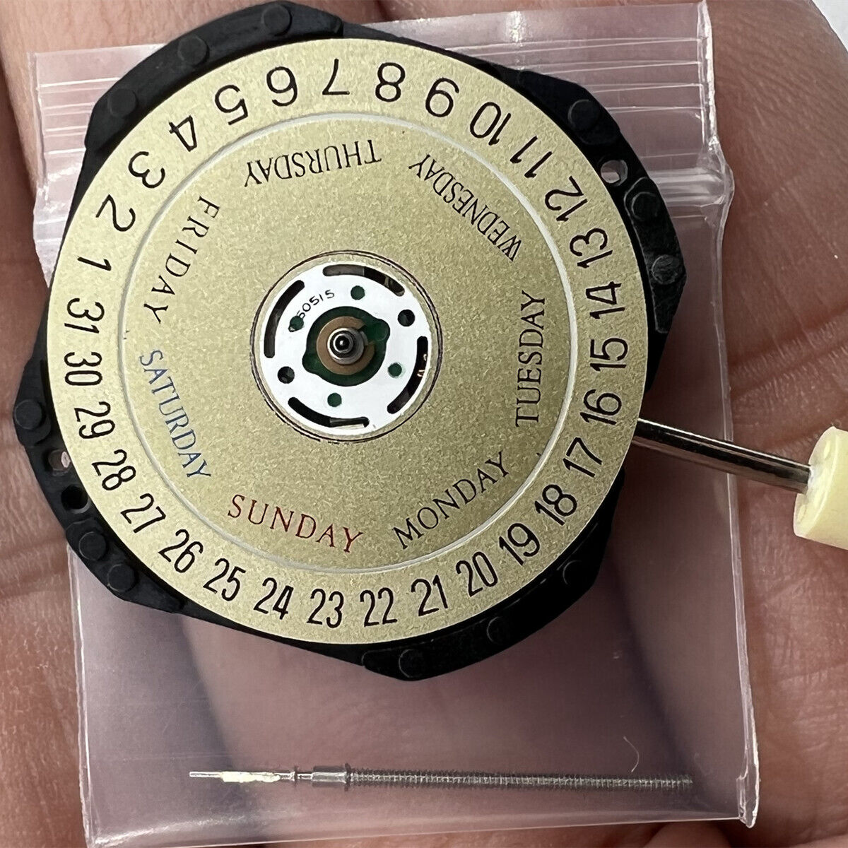 Original Japan 7N33 Quartz watch movement with double calendar and golden disk, vintage watch accessory.