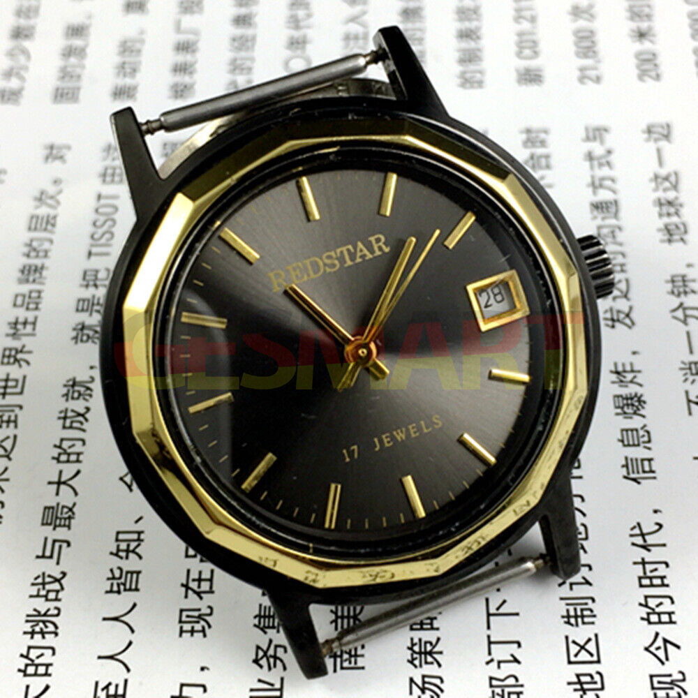 China Made Manual mechanical watch with 17 jewels, single calendar, black dial, and black case for elegant timekeeping.