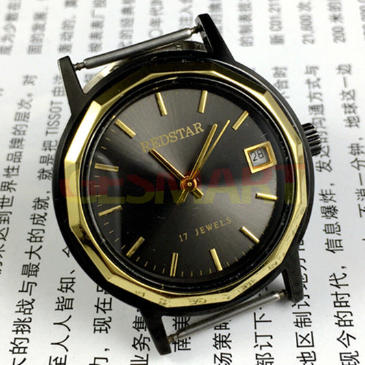 China Made Manual mechanical watch with 17 jewels, single calendar, black dial, and black case for elegant timekeeping.