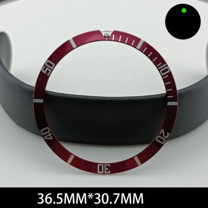 36.5/30.7mm dark red aluminum watch bezel with green lume and white font, perfect for sleek watch upgrades.