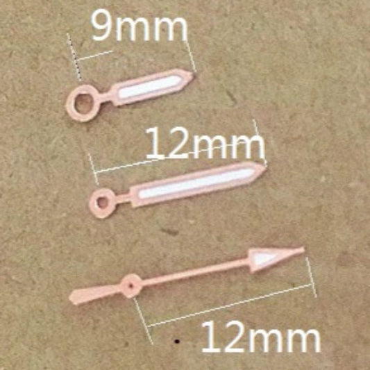 12x12x9mm Rose Golden Trim Arrow Shape Lume Watch Hands for Miyota 2035 Quartz Movement