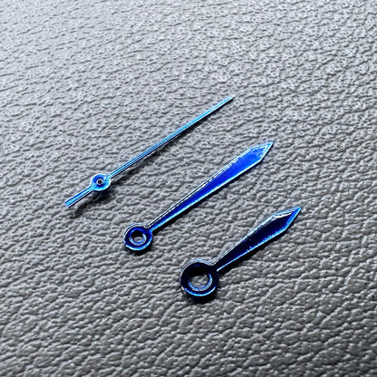 Blue 11mm arrow watch hands set, no lume, compatible with Miyota 2035 movement, brand quality.