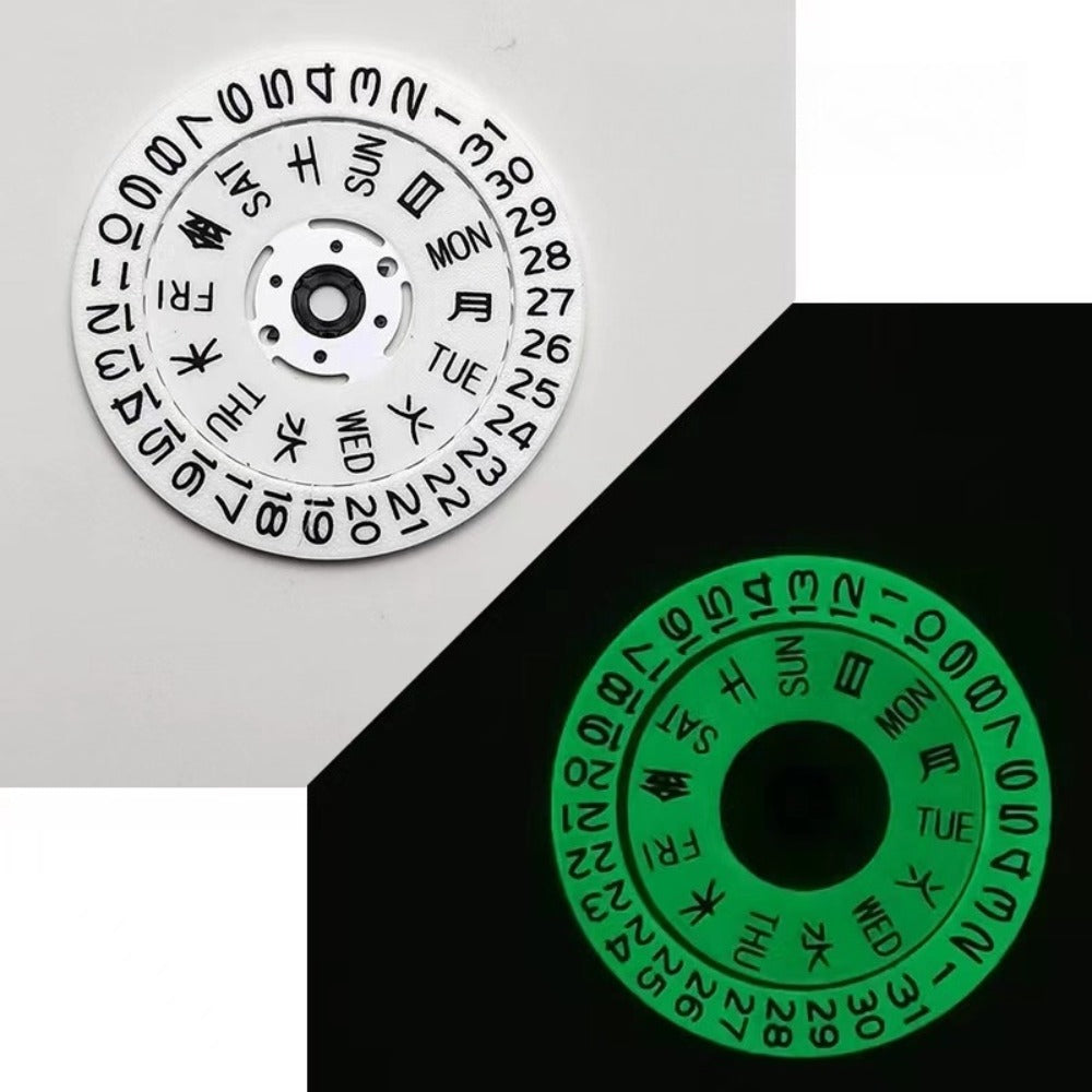 Japanese White All Green Luminous Date Disk with Week Wheel for NH35 NH36 watches, Crown at 3.8 position