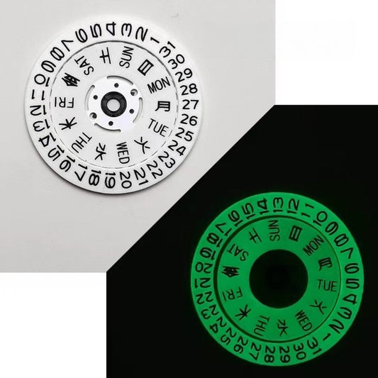 Japanese White All Green Luminous Date Disk with Week Wheel for NH35 NH36 watches, Crown at 3.8 position