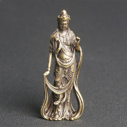 Solid copper Guanyin Buddha figurine, vintage hand-carved bronze model by Thailand artisan.