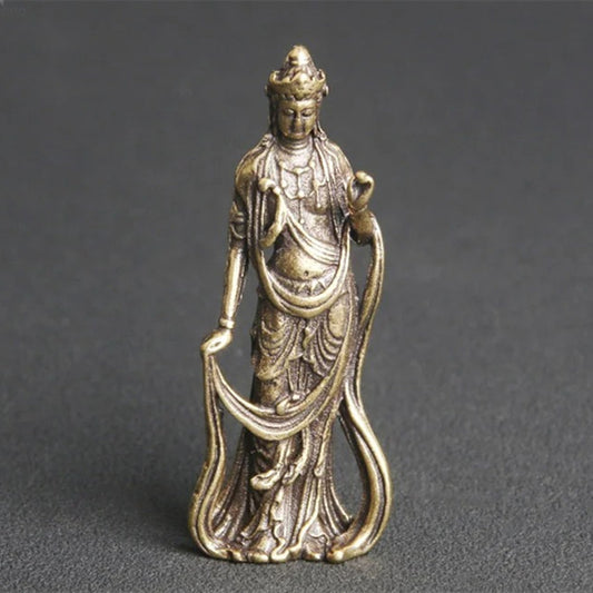 Solid copper Guanyin Buddha figurine, vintage hand-carved bronze model by Thailand artisan.