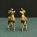 2PCS Copper Sika Deer Male Female Trinket Hand Carved Bronze Model Figurines