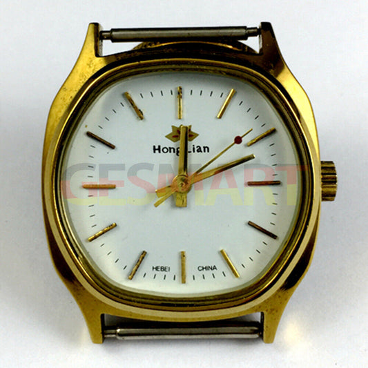 33mm HONGLIAN manual mechanical watch with white dial, golden nail markers, and square golden case.