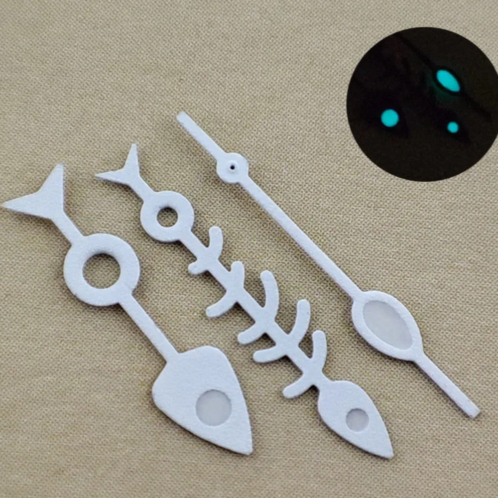 Green lume white fish-shaped watch hands for NH35/36 NH38 NH72 movements, 13mm length.