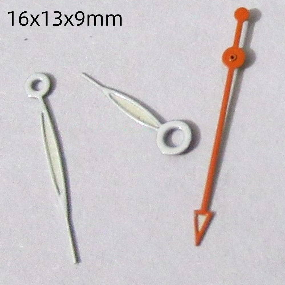 16mm orange and white painted watch hands set compatible with Miyota 2035, 2115, 2105, 2305 movements.