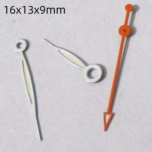 16mm orange and white painted watch hands set compatible with Miyota 2035, 2115, 2105, 2305 movements.