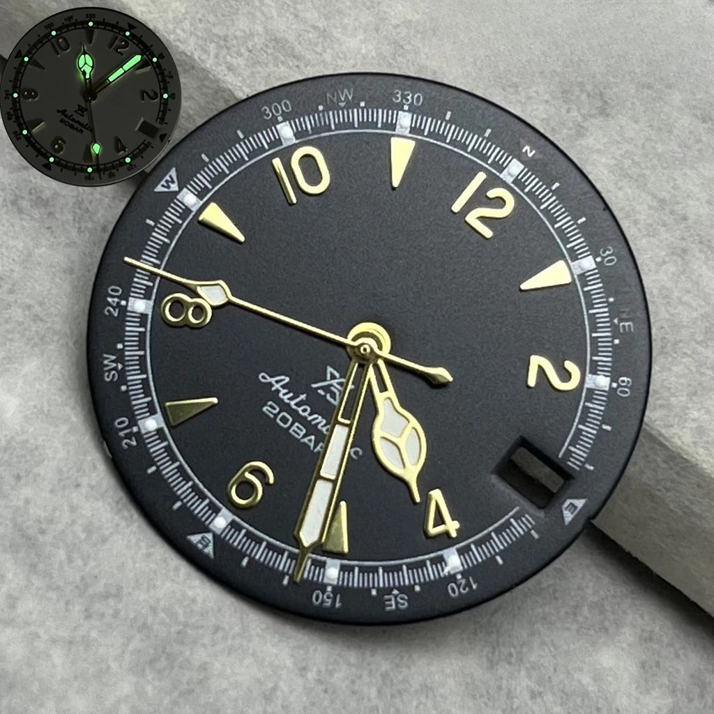 28.5mm Vintage Watch Dial Hands Green Luminous For SKX Mod Fit NH35/36 Movement