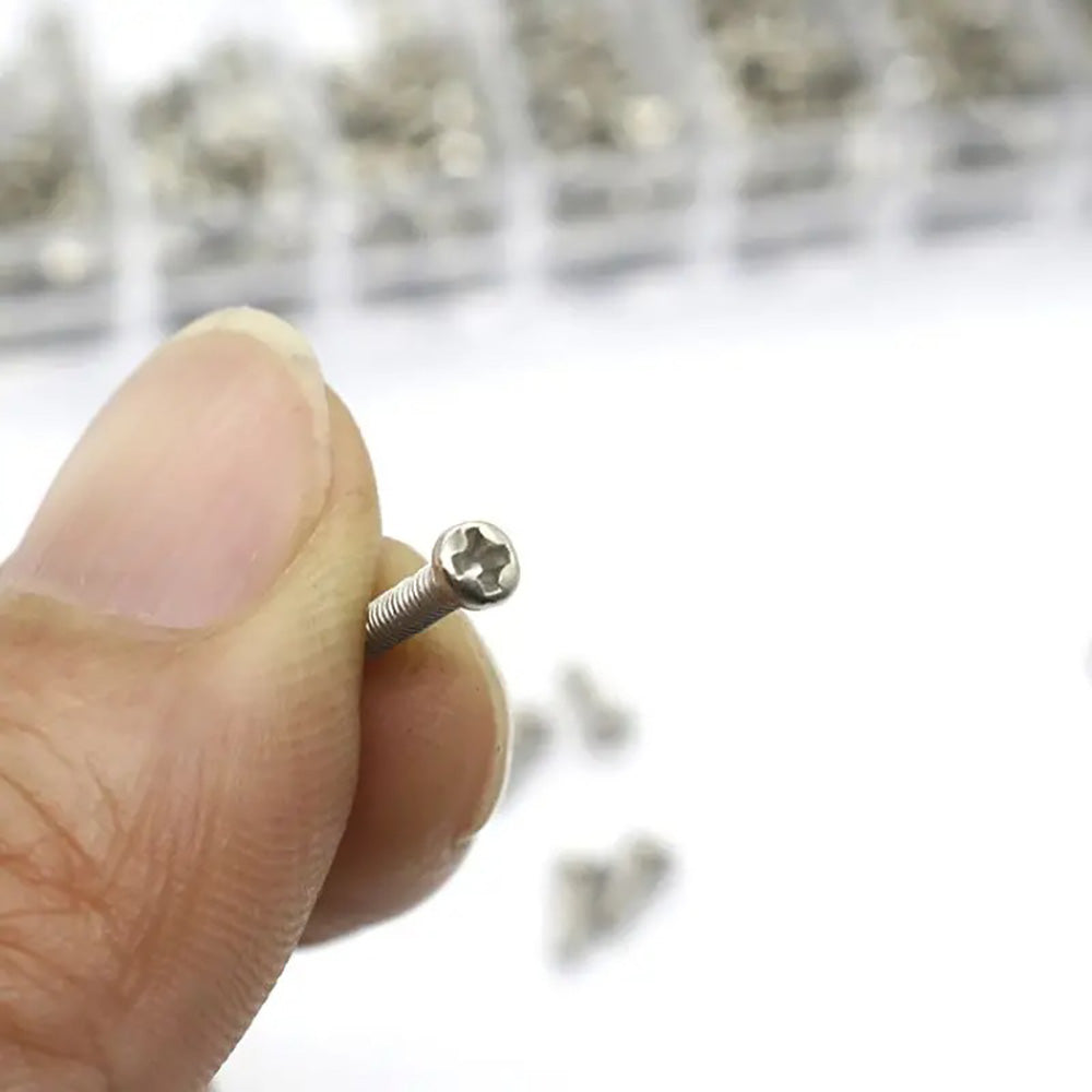 Stainless steel watch back case screws in 1.2mm, 1.4mm, and 2.0mm sizes for repair tools.