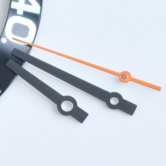 Orange second hands with black paint, no lume, compatible with 3230/3235 mechanical movements, brand quality.