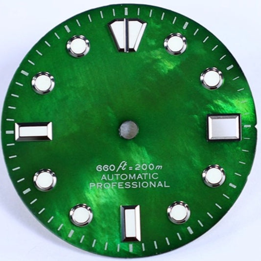 Shined Green 28.5mm NH35 watch dial with blue lume, natural seashell vein texture, perfect for custom timepieces.
