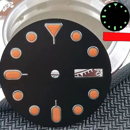 28.5mm green lume watch dial with orange accents and silver trim for SKX007 NH36