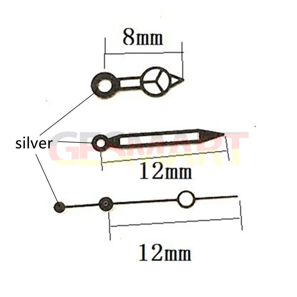 Black trim lume 12mm watch hands for Seagull ST6 automatic mechanical movement, precise fit and luminous tips.