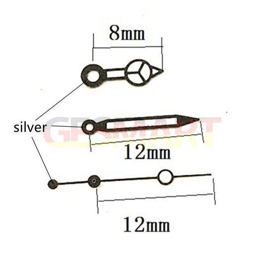 Black trim lume 12mm watch hands for Seagull ST6 automatic mechanical movement, precise fit and luminous tips.