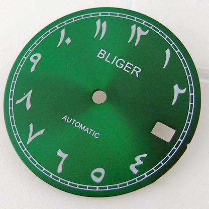 Bliger 29mm multicolor watch dial with green lume, compatible with NH35A NH36A automatic movements.