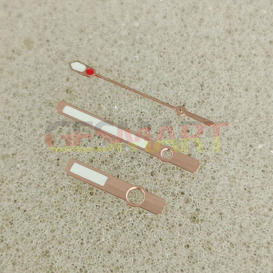 Green luminous watch hands with silver and rose gold trim, compatible with NH35, NH36, 4R, 7S movements, branded.