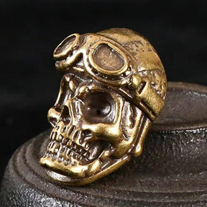 Hand-carved solid copper pilot's skull trinket, vintage bronze model figurine for collectors.