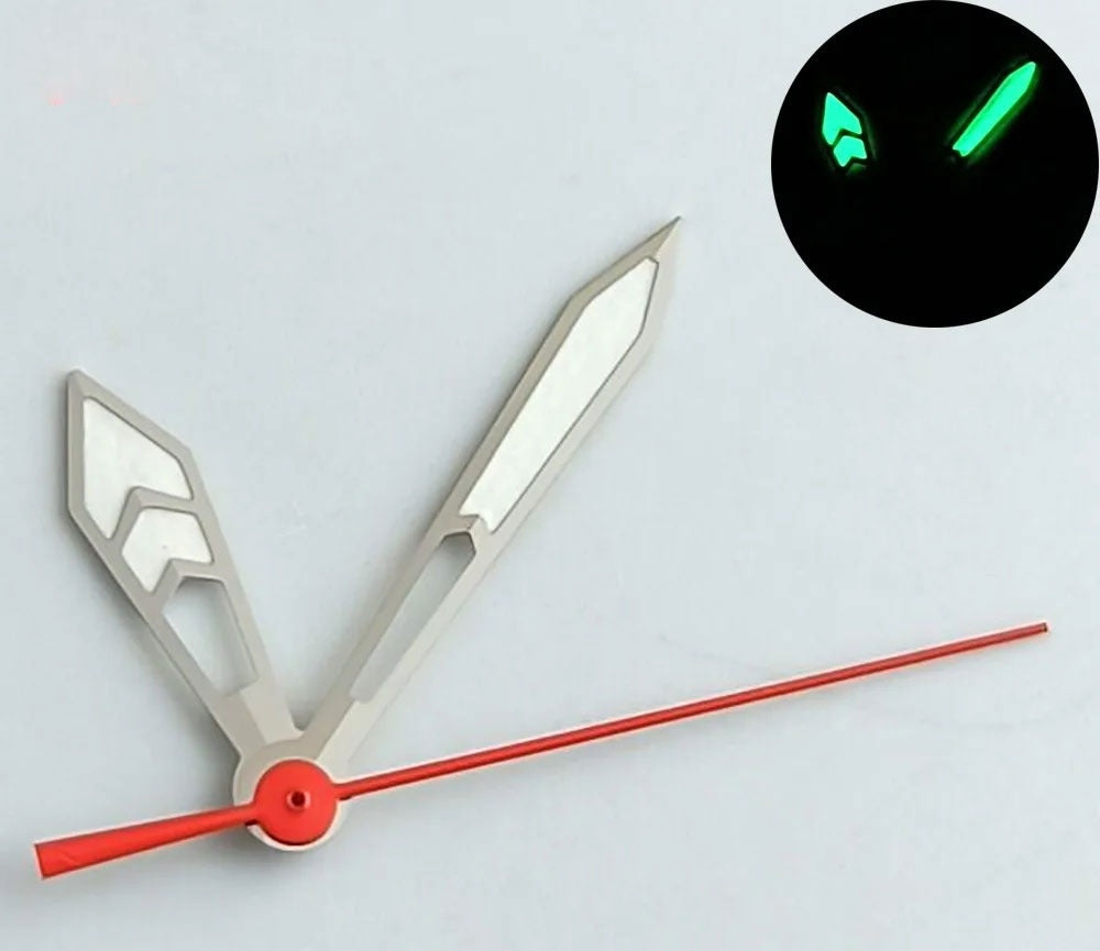 Silver-trimmed lume watch hands with red second hand for NH35 NH36 movements,.