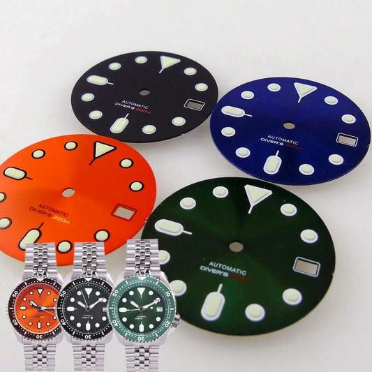 Sunburst orange 29mm dial with luminous markers for SKX mod, compatible with NH35 NH36 movement, crown at 3.8,.