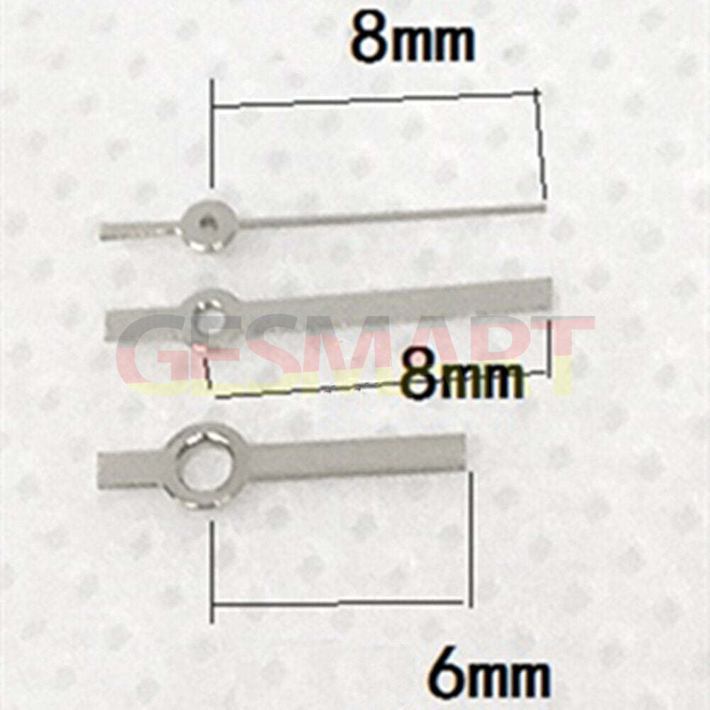 Silver 8mm square point watch hands compatible with Miyota 7T35 quartz movement, precision design.