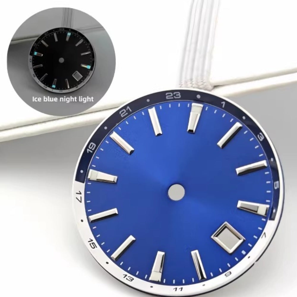 Solid blue 32mm Tai Chi circle watch dial with blue lume, compatible with NH34 movement in 44mm cases.