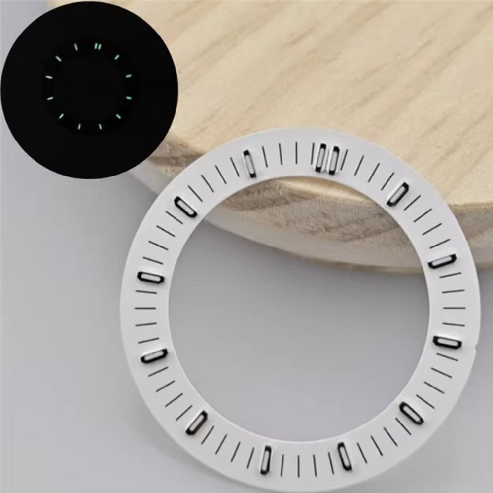 White 31mm hollow green lume watch dial by APP Oak Tree, compatible with NH70/NH35/NH36 movements.