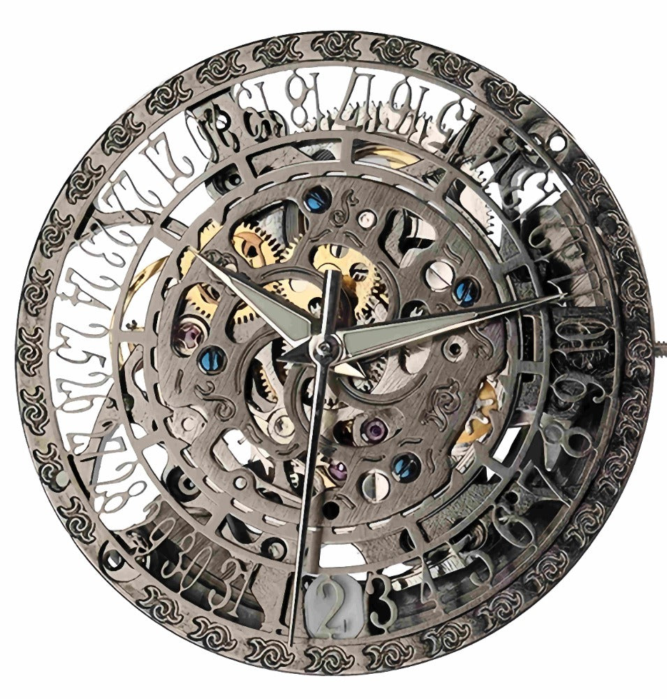 Chinese Hangzhou Hollow Black 27A0D automatic watch part with visible mechanical movement details.