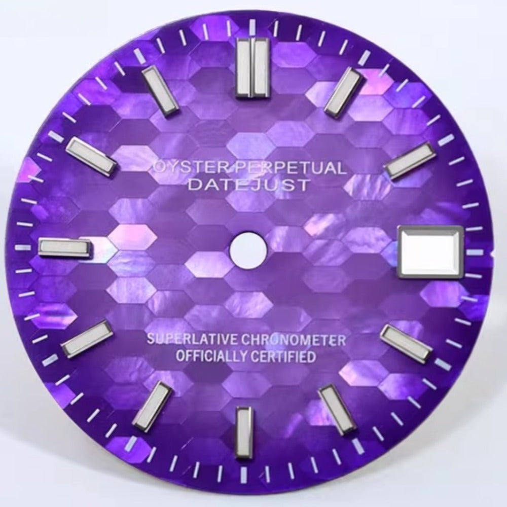 Purple No Logo 28.5mm natural seashell watch dial with blue luminous markers for NH35 movement.