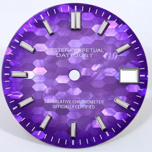 Purple No Logo 28.5mm natural seashell watch dial with blue luminous markers for NH35 movement.