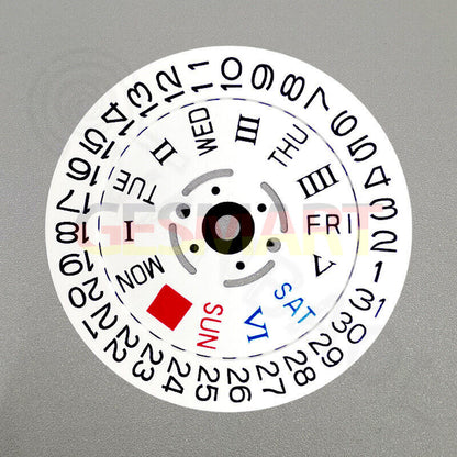 Roman and English date and week disk wheels in white for NH36 3/3.8 movement, precise watch accessory by Seiko.