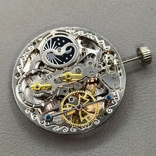 Multi-function Double Mainspring Hollow Mechanical Movement Double Time Zone
