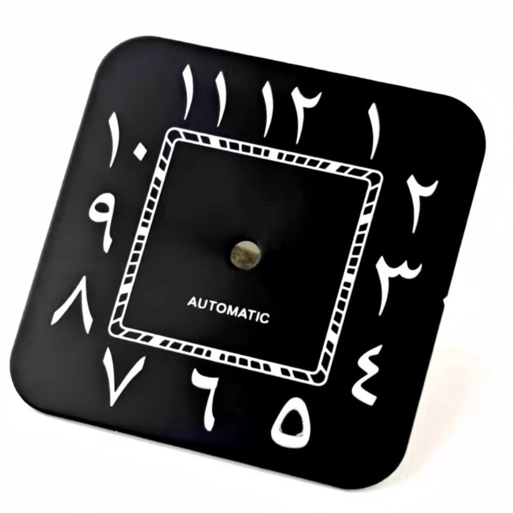 27mm black Arabic watch dial by Santos, fits NH35 movement, sleek design without calendar feature