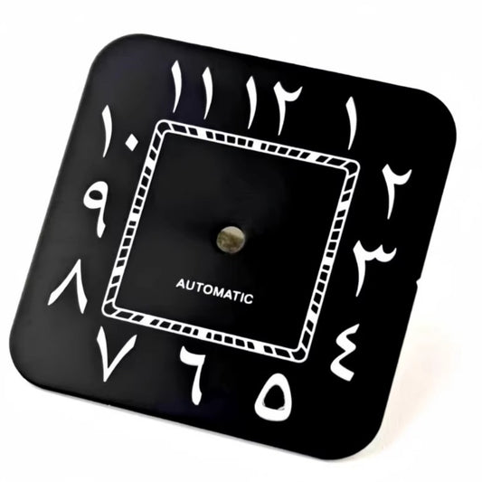 27mm black Arabic watch dial by Santos, fits NH35 movement, sleek design without calendar feature