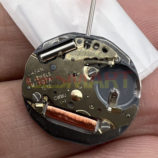 Miyota 1L12 Japan quartz watch movement with date display at 3 o'clock, Japan made precision.