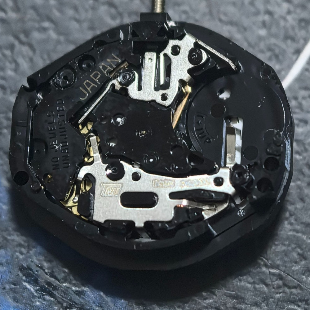 Japan Made TMI PC23A quartz movement watch part with 3 hands and double calendar, ideal for precise repairs.