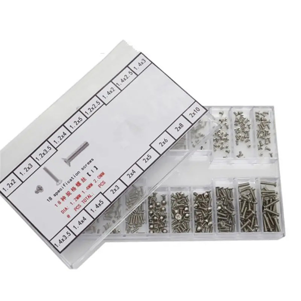 Stainless steel watch back case screws in 1.2mm, 1.4mm, and 2.0mm sizes for repair tools.