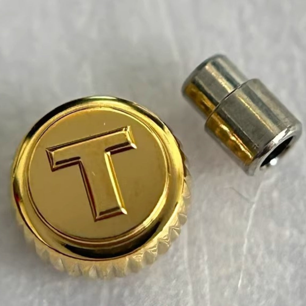 Steel golden watch crown for Tissot T085, durable replacement part for precise watch repair.
