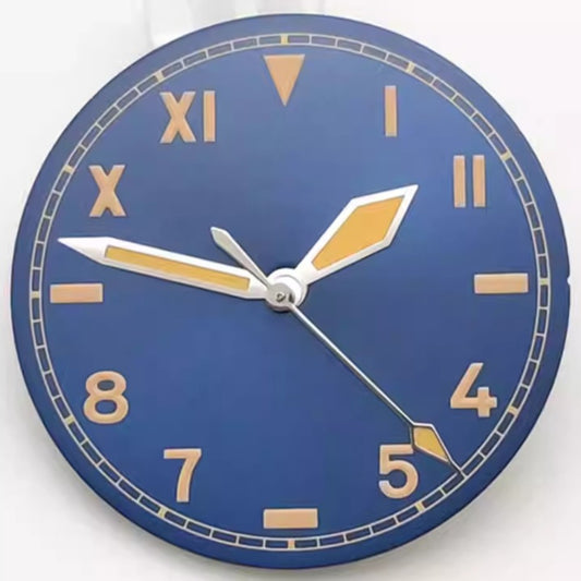 Vintage orange font watch dial with blue background, hands included, fits NH35/36/2824/8215 movements.